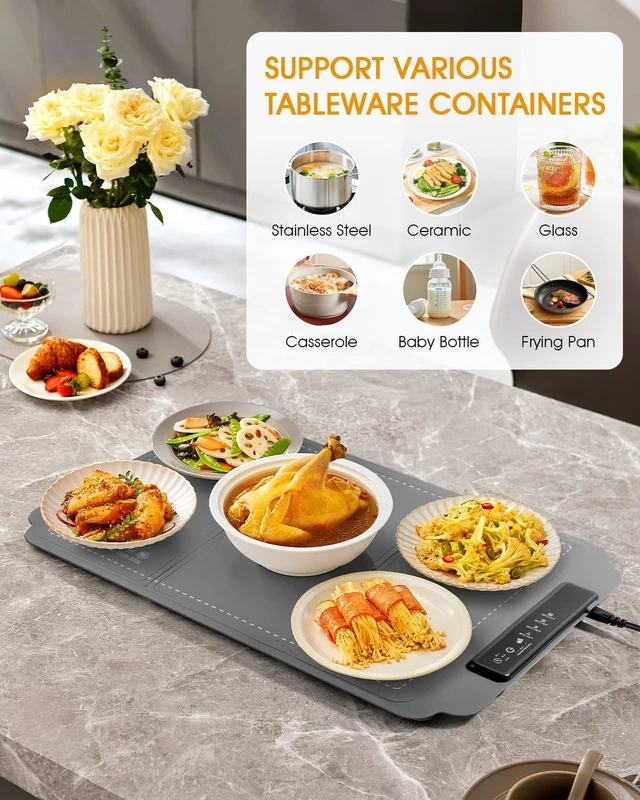 Alt view image 3 of 7 - Food Warming Mat, Electric Food Warming Mat with 4 Temp Settings & 6H Timer, Portable & Rollable, Fast Full Surface Electric Warming Tray with Child Lock for Party and Daily Use (Grey)