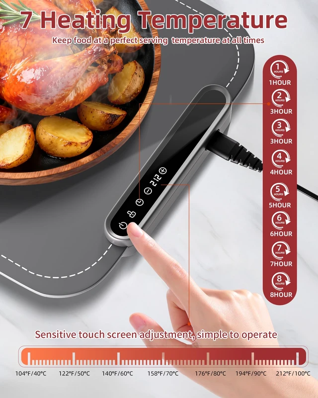 Alt view image 2 of 7 - Warming Mat for Food, Upgraded Fast-Heating Electric Warming Tray with 7 Temp Levels & 8 Timers, Buffet Raised Feet & Rollable Silicone Heat Pad, Portable Food Warmer for Home, Party & Travel