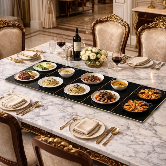 Alt view image 6 of 7 - Electric Warming Tray XXXL 44"x16" with Storage Bag, AdjustableSize Food Warming Mat, 5in1 Expandable Modular, Food Warmer for Parties, Buffet, Catering & Gathering, 8Level Temp & Timer, Gold Edge