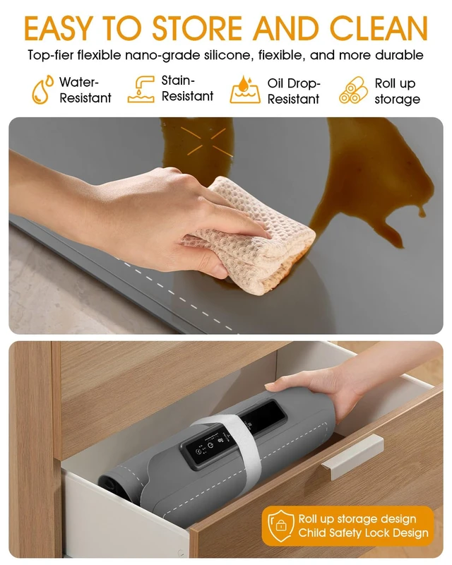 Alt view image 5 of 7 - Food Warming Mat, Electric Food Warming Mat with 4 Temp Settings & 6H Timer, Portable & Rollable, Fast Full Surface Electric Warming Tray with Child Lock for Party and Daily Use (Grey)