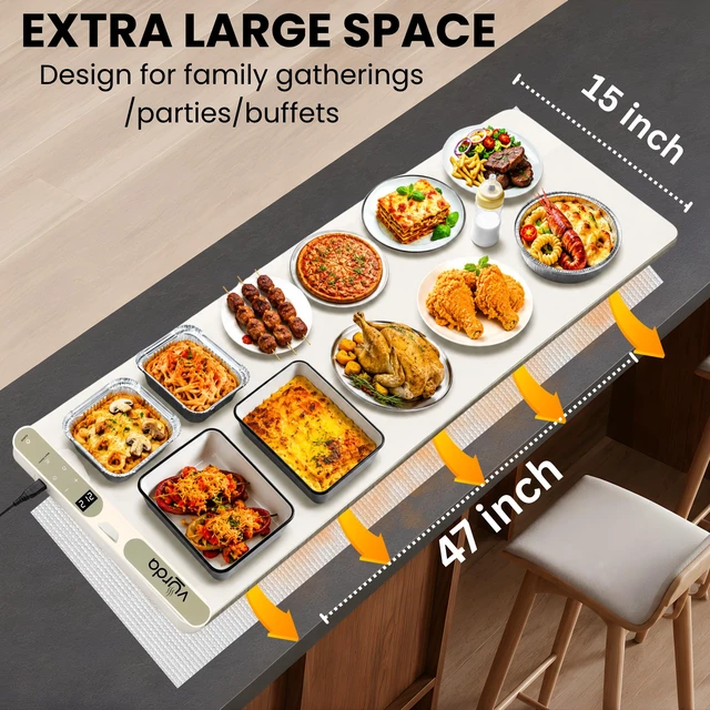 Alt view image 3 of 7 - Food Warming Mat, 13 Level Temperatures, 47x15 Inches, Child Lock, 465W