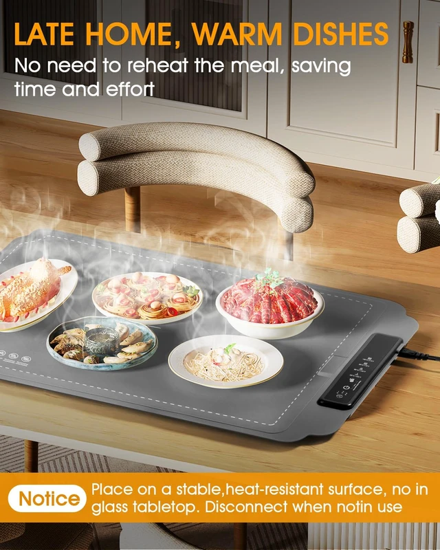 Alt view image 6 of 7 - Food Warming Mat, Electric Food Warming Mat with 4 Temp Settings & 6H Timer, Portable & Rollable, Fast Full Surface Electric Warming Tray with Child Lock for Party and Daily Use (Grey)