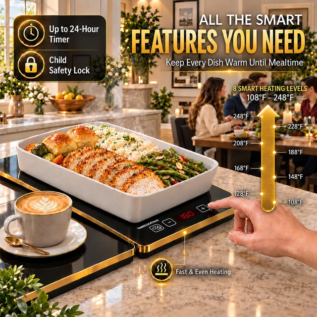 Alt view image 7 of 7 - Electric Warming Tray XXXL 44"x16" with Storage Bag, AdjustableSize Food Warming Mat, 5in1 Expandable Modular, Food Warmer for Parties, Buffet, Catering & Gathering, 8Level Temp & Timer, Gold Edge