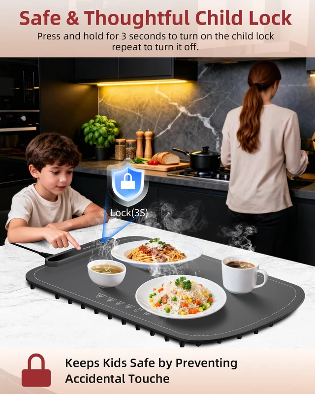 Alt view image 6 of 7 - Warming Mat for Food, Upgraded Fast-Heating Electric Warming Tray with 7 Temp Levels & 8 Timers, Buffet Raised Feet & Rollable Silicone Heat Pad, Portable Food Warmer for Home, Party & Travel