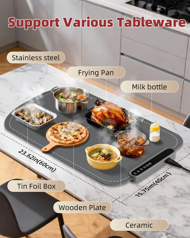 Alt view image 7 of 7 - Warming Mat for Food, Upgraded Fast-Heating Electric Warming Tray with 7 Temp Levels & 8 Timers, Buffet Raised Feet & Rollable Silicone Heat Pad, Portable Food Warmer for Home, Party & Travel