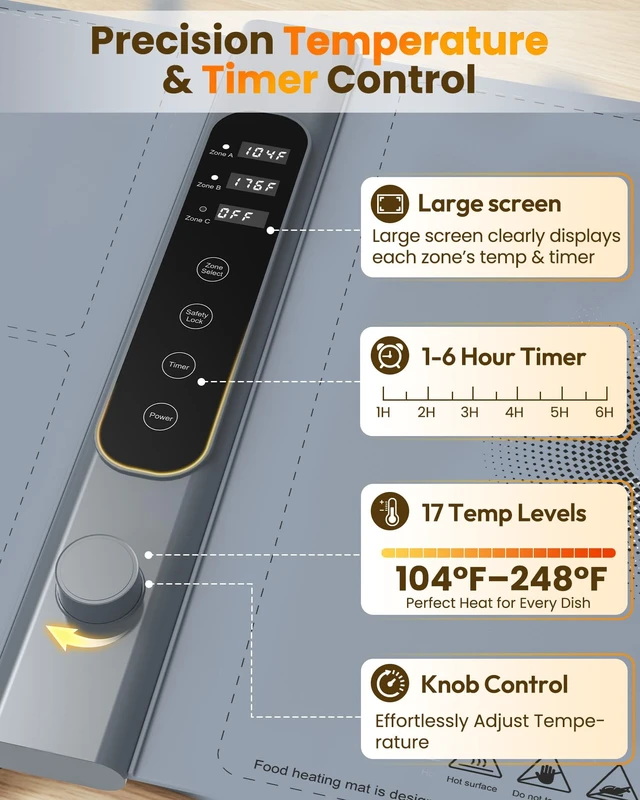 Alt view image 5 of 7 - Warming Mat for Food with 3-Zone Independent Control, Extra Large 40"x17"