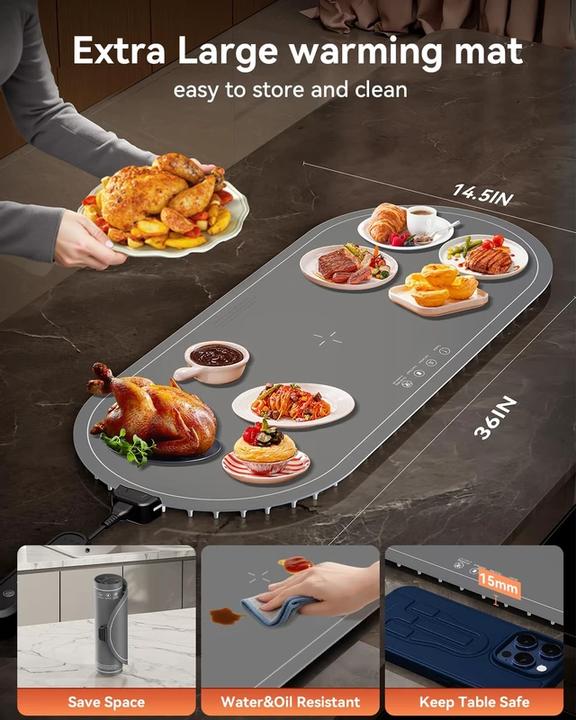 Alt view image 3 of 7 - Warming Mat for Food Extra Large, 36"x15" Food Warming Mat with Heat Insulation Pad, Silicone Heating Mat for Food, Rollable & Portable, Food Warmers for Parties Buffet,Gatherings,Everyday Use