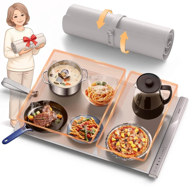 Main image of Food Warming Mat with Dual Heating Zones, 4 Temp Settings, Silicone Easy-Clean, Auto Shut-Off, Timer, Child Lock, Portable for Buffet, Party & Travel, 350W, 120V(AC), (White)