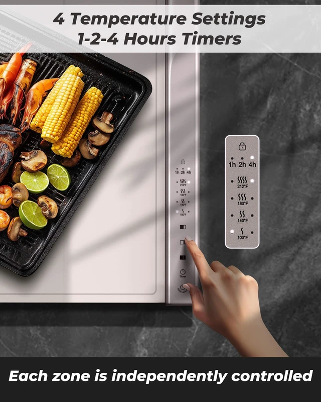 Alt view image 2 of 7 - Food Warming Mat with Dual Heating Zones, 4 Temp Settings, Silicone Easy-Clean, Auto Shut-Off, Timer, Child Lock, Portable for Buffet, Party & Travel, 350W, 120V(AC), (White)