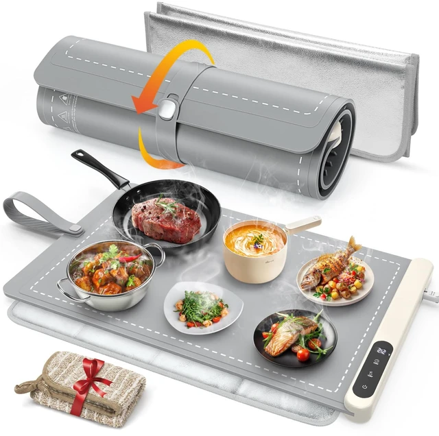Main image of FYY Warming Mat for Food with Heat Resistant Pad, Prevent Countertop Cracks, Keep Meal Warm, Rapid and Full Surface Heating, 6 Temp Settings, 6H Timer, Upgraded Rollable Portable Food Warmer Mat Grey