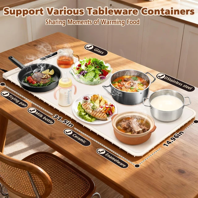 Alt view image 2 of 6 - Extra Large Food Warming Mat with Heat - Electric Silicone Food Warming Tray for Buffet, Rollable Food Warmer Mat for Countertop,Heating Mat with Timer and 7 Heat Levels, Rollable Portable Food Warmer