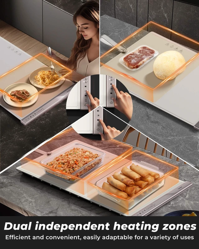 Alt view image 3 of 7 - Food Warming Mat with Dual Heating Zones, 4 Temp Settings, Silicone Easy-Clean, Auto Shut-Off, Timer, Child Lock, Portable for Buffet, Party & Travel, 350W, 120V(AC), (White)