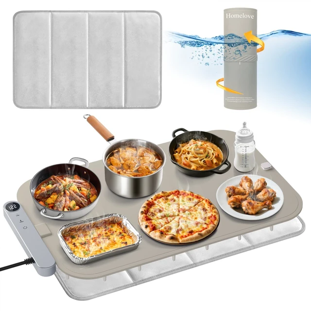 Main image of Homelove Warming Mat for Food - Electric Warming Tray with 7-Level Temp Settings & 6 Hours Timer, Full Surface Graphene Heating, Waterproof Dishwasher-Friendly Food Warmer for Parties, Kitchen (Khaki)