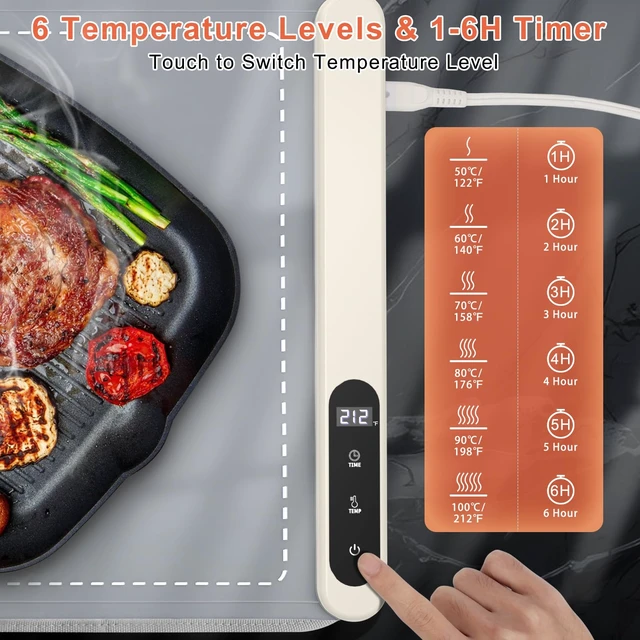 Alt view image 4 of 7 - FYY Warming Mat for Food with Heat Resistant Pad, Prevent Countertop Cracks, Keep Meal Warm, Rapid and Full Surface Heating, 6 Temp Settings, 6H Timer, Upgraded Rollable Portable Food Warmer Mat Grey