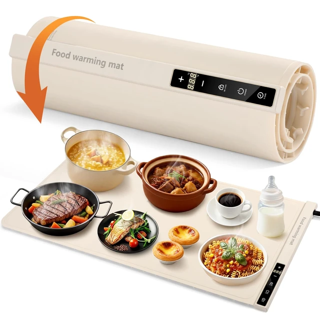Alt view image 6 of 6 - Extra Large Food Warming Mat with Heat - Electric Silicone Food Warming Tray for Buffet, Rollable Food Warmer Mat for Countertop,Heating Mat with Timer and 7 Heat Levels, Rollable Portable Food Warmer