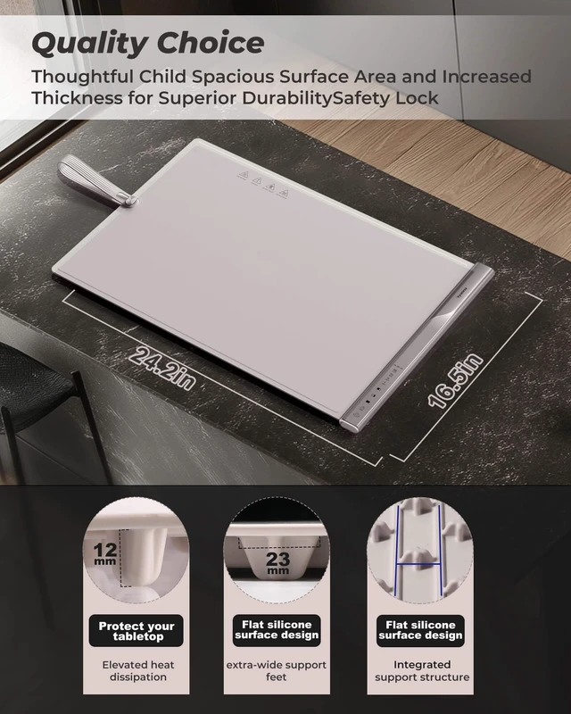 Alt view image 6 of 7 - Food Warming Mat with Dual Heating Zones, 4 Temp Settings, Silicone Easy-Clean, Auto Shut-Off, Timer, Child Lock, Portable for Buffet, Party & Travel, 350W, 120V(AC), (White)