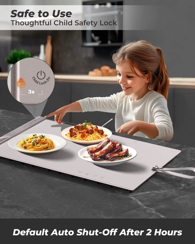 Alt view image 7 of 7 - Food Warming Mat with Dual Heating Zones, 4 Temp Settings, Silicone Easy-Clean, Auto Shut-Off, Timer, Child Lock, Portable for Buffet, Party & Travel, 350W, 120V(AC), (White)