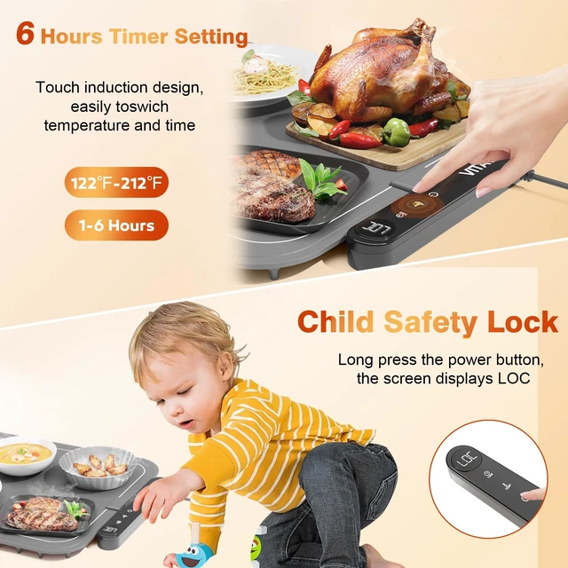 Alt view image 4 of 7 - Warming Mat for Food, (XXL 37x16) Electric Warming Trays, Upgrade Graphene Fast Full-Surface Heating Mat for Food with 6 Level Temp, 6 Hours Timer, Food Warmer Pad with Heat-Insulating Mat