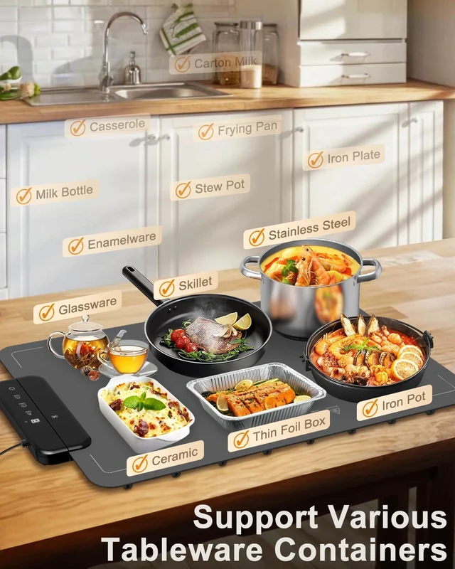 Alt view image 2 of 7 - Electric Warming Mat for Food, ZAPLIT 24''x16 Washable Silicone Warming Tray with 6 Temp Settings, 6 Timers, Child Lock, and Auto Standby Food Warmer for Buffet, Family Gathering, and Party (Grey)