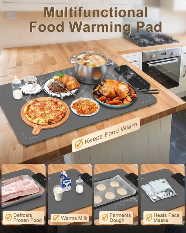 Alt view image 3 of 7 - Electric Warming Mat for Food, ZAPLIT 24''x16 Washable Silicone Warming Tray with 6 Temp Settings, 6 Timers, Child Lock, and Auto Standby Food Warmer for Buffet, Family Gathering, and Party (Grey)