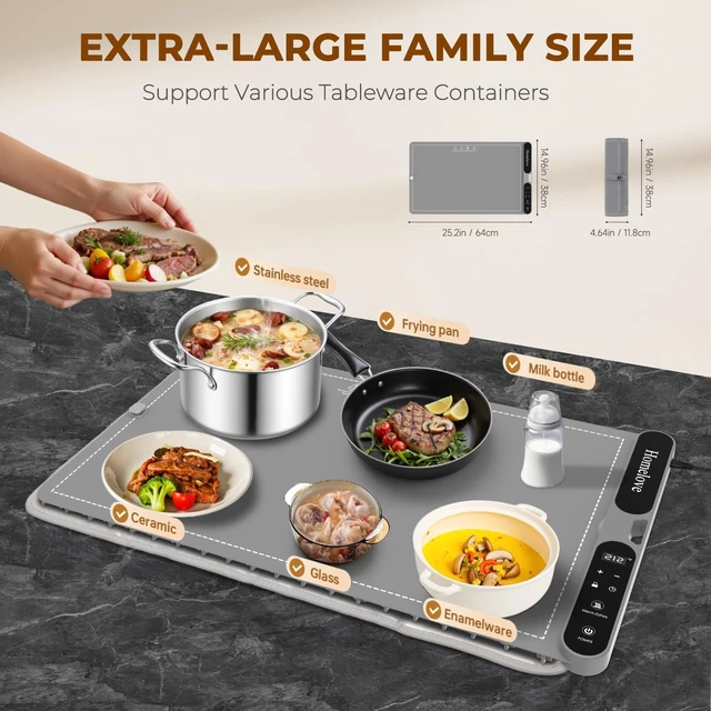 Alt view image 4 of 7 - Homelove Warming Mat for Food - 7 Temps, 8H Timer, for Buffets Party Grey