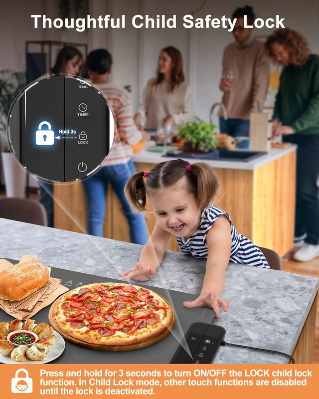 Alt view image 7 of 7 - Electric Warming Mat for Food, ZAPLIT 24''x16 Washable Silicone Warming Tray with 6 Temp Settings, 6 Timers, Child Lock, and Auto Standby Food Warmer for Buffet, Family Gathering, and Party (Grey)
