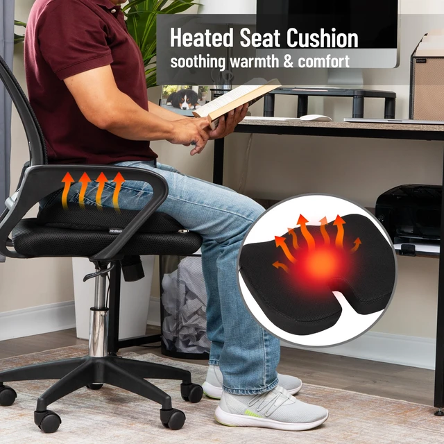 Alt view image 2 of 6 - Mind Reader Heated Memory Foam Seat Cushion with Air-Cloud Support, Slim Ergonomic Cushion with 4 Heat Settings Timer and Auto Shut-Off, Black