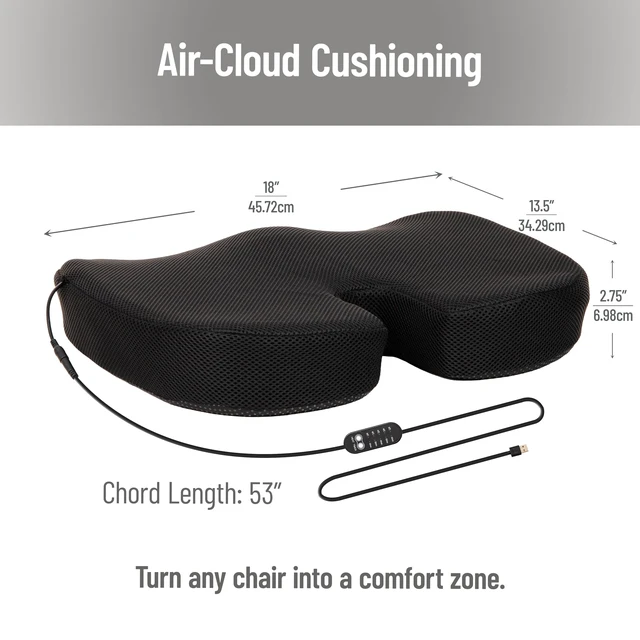 Alt view image 3 of 6 - Mind Reader Heated Memory Foam Seat Cushion with Air-Cloud Support, Slim Ergonomic Cushion with 4 Heat Settings Timer and Auto Shut-Off, Black
