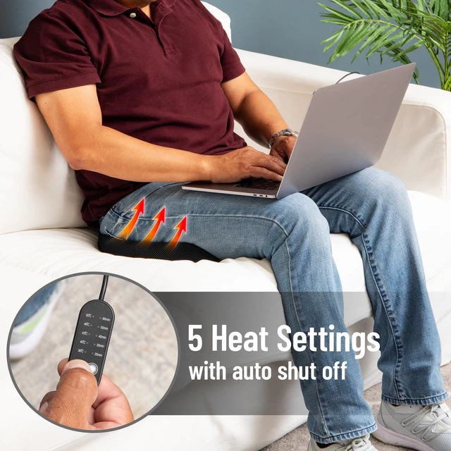 Alt view image 4 of 6 - Mind Reader Heated Memory Foam Seat Cushion with Air-Cloud Support, Slim Ergonomic Cushion with 4 Heat Settings Timer and Auto Shut-Off, Black