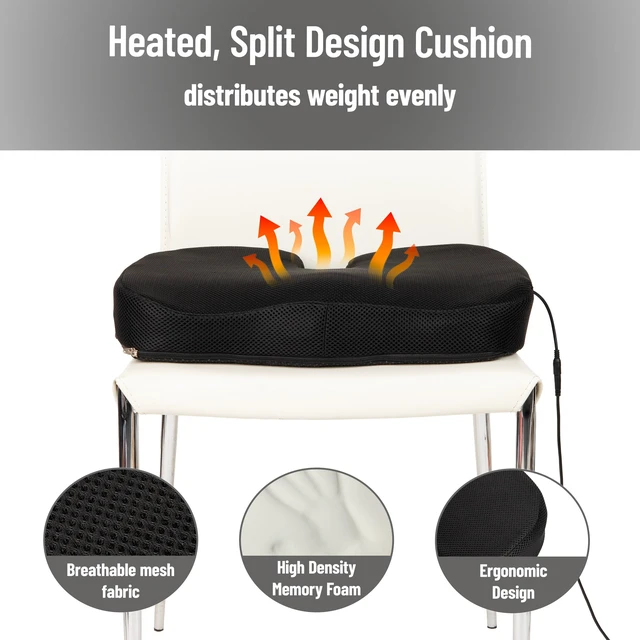 Alt view image 5 of 6 - Mind Reader Heated Memory Foam Seat Cushion with Air-Cloud Support, Slim Ergonomic Cushion with 4 Heat Settings Timer and Auto Shut-Off, Black