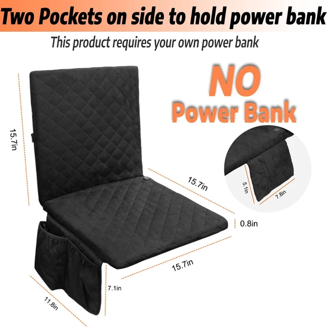 Alt view image 2 of 7 - Heated Seat Cushion, Foldable Heated Stadium Seats for Bleachers USB Powered (NOTE: No Power Bank), 3 Level Adjustable Heated Pad with Pockets, heated seats for outdoors, Camping, Indoor(Black)