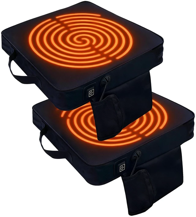 Main image of 2 Pack Heated Black Stadium Seat Cushions for Bleachers, Extra Thick 2.4" Waterproof 600D Oxford Cushion with Handle & Zipper, Portable Indoor Outdoor for Sports Events, Office Chairs, Beaches