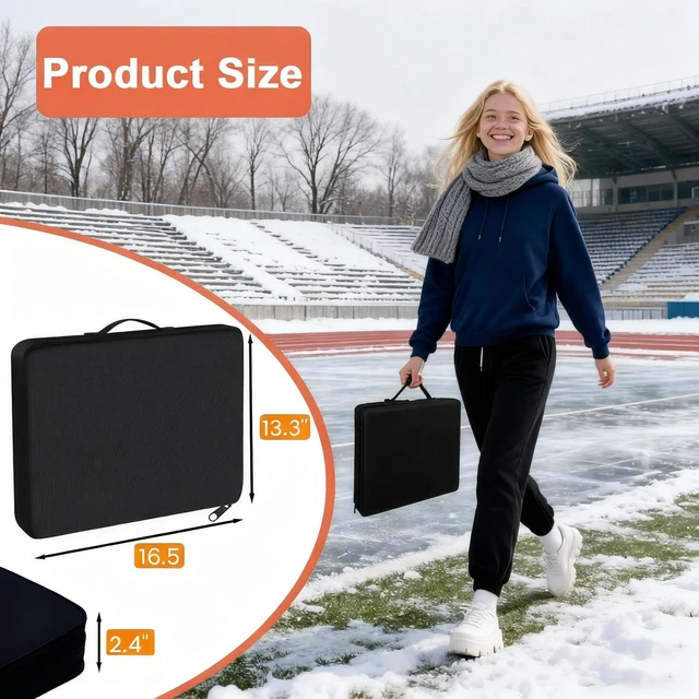 Alt view image 2 of 5 - 2 Pack Heated Black Stadium Seat Cushions for Bleachers, Extra Thick 2.4" Waterproof 600D Oxford Cushion with Handle & Zipper, Portable Indoor Outdoor for Sports Events, Office Chairs, Beaches