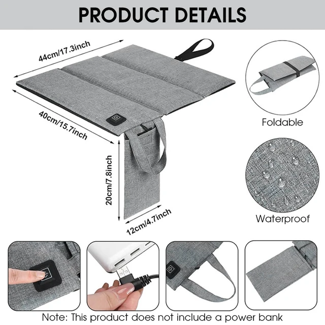 Alt view image 6 of 6 - Portable Heated Seat Cushion 3-Level Foldable USB Heating Heated Stadium Seats for Bleachers Outdoor Camping Hiking, 17x16in, Battery Not Included