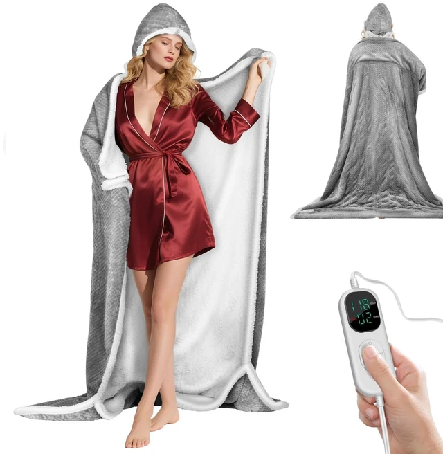Main image of Wearable Heated Blanket with Foot Pocket, Detachable Hood, 8 Heat Settings