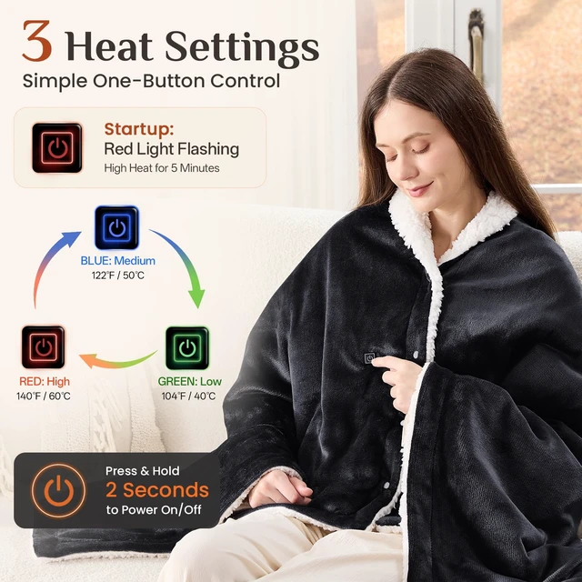 Alt view image 2 of 7 - JOLLYVOGUE USB Heated Wearable Blanket with Snaps, 43 x 67 Inch, Black