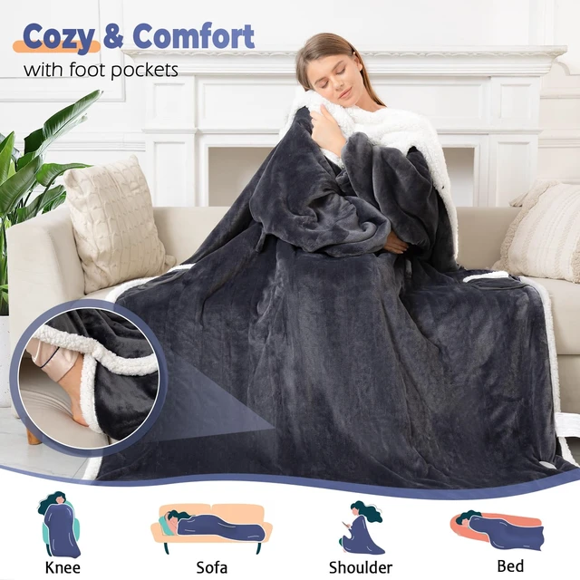Alt view image 3 of 7 - Wearable Heated Blanket with Foot Pocket, Electric Wearable Throw Blanket with Sleeves, Hood, Portable Heated Blanket with 8 Heat Settings, 1-10 Hours Auto Shut-off, Gift for Family, Friends, 50*70"