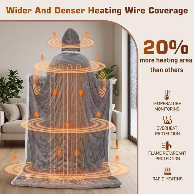 Alt view image 6 of 7 - Wearable Heated Blanket with Foot Pocket, Detachable Hood, 8 Heat Settings