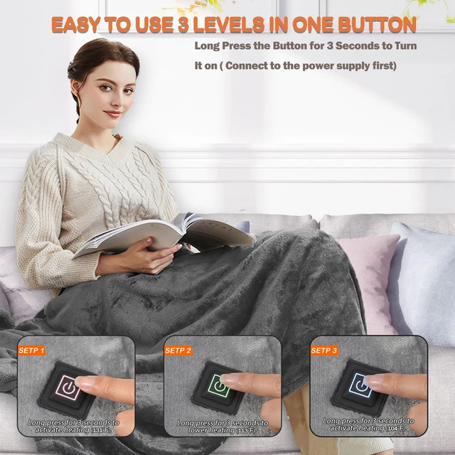 Alt view image 3 of 7 - USB Heated Blanket, 67" x 51.2" Portable Battery Powered Cordless Electric Throw, Super Soft Cozy Wearable Heated Large Shawl Wraps for Office, 3 Heating Levels, Machine Washable, Battery Not Included