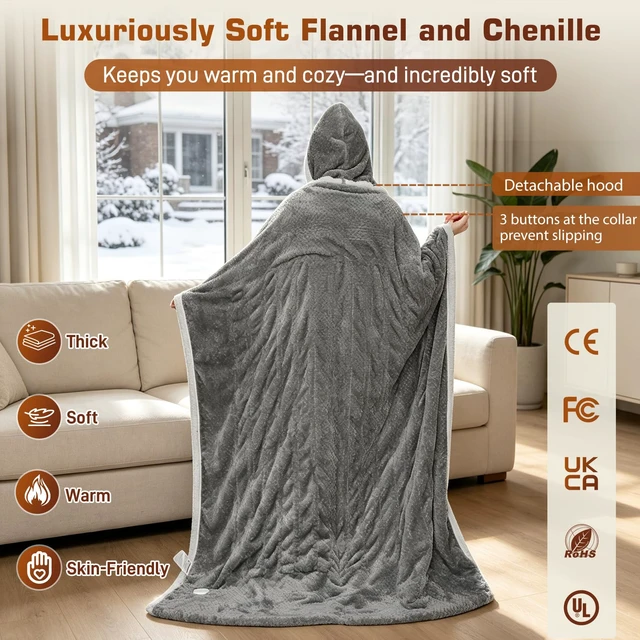 Alt view image 7 of 7 - Wearable Heated Blanket with Foot Pocket, Detachable Hood, 8 Heat Settings