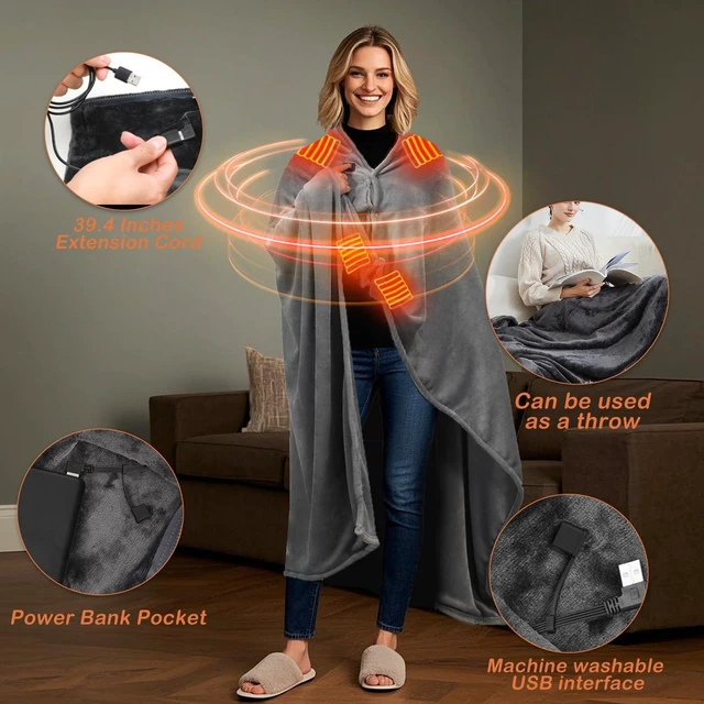 Alt view image 4 of 7 - USB Heated Blanket, 67" x 51.2" Portable Battery Powered Cordless Electric Throw, Super Soft Cozy Wearable Heated Large Shawl Wraps for Office, 3 Heating Levels, Machine Washable, Battery Not Included