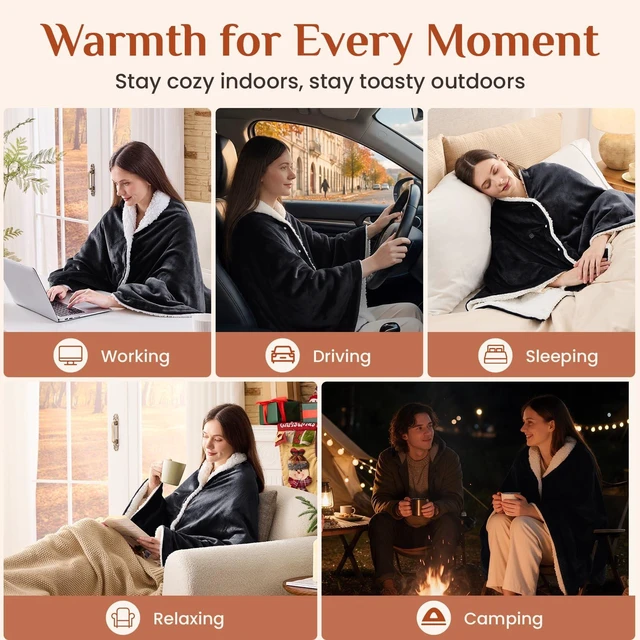 Alt view image 6 of 7 - JOLLYVOGUE USB Heated Wearable Blanket with Snaps, 43 x 67 Inch, Black
