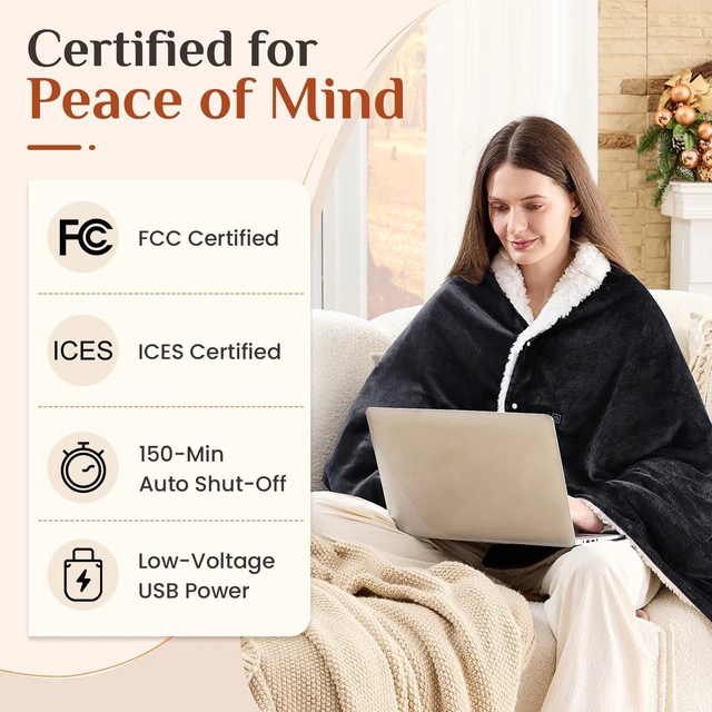 Alt view image 7 of 7 - JOLLYVOGUE USB Heated Wearable Blanket with Snaps, 43 x 67 Inch, Black