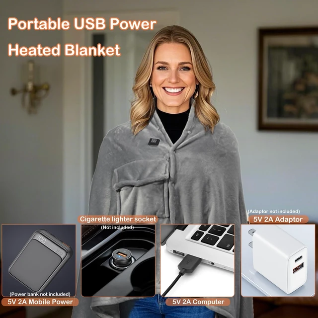 Alt view image 5 of 7 - USB Heated Blanket, 67" x 51.2" Portable Battery Powered Cordless Electric Throw, Super Soft Cozy Wearable Heated Large Shawl Wraps for Office, 3 Heating Levels, Machine Washable, Battery Not Included