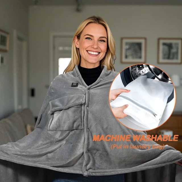 Alt view image 6 of 7 - USB Heated Blanket, 67" x 51.2" Portable Battery Powered Cordless Electric Throw, Super Soft Cozy Wearable Heated Large Shawl Wraps for Office, 3 Heating Levels, Machine Washable, Battery Not Included