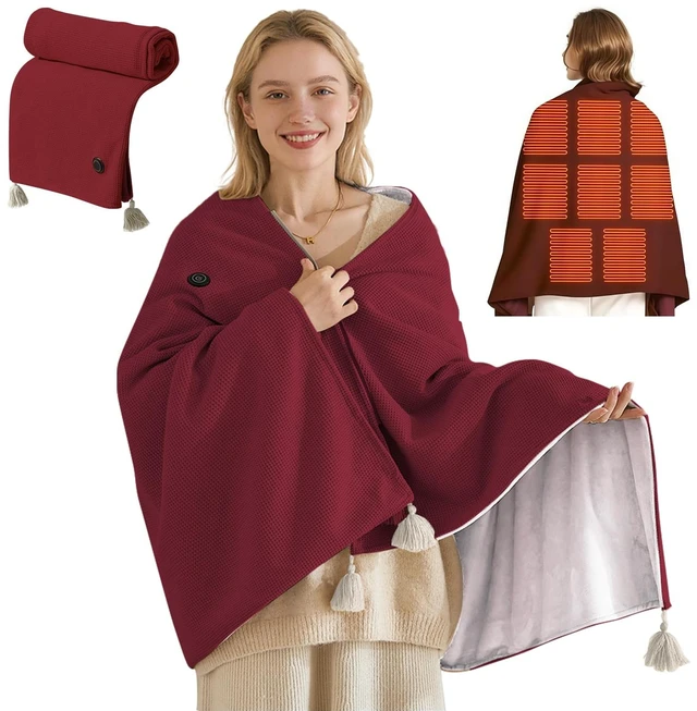 Main image of USB Portable Heated Electric Blanket - Cordless Heated Throw Blanket for Outdoor with 3 Heating Levels-Wearable Shawl for Travel,Camping,Bed-Winter Gifts for Women(Battery Not Included) (Dark Red)