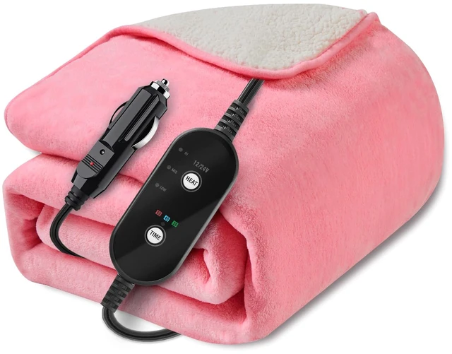 Main image of 12V/24V Heated Car Blanket, Electric Blanket Flannel Heating Throw for Car, SUV, RV, or Camping, 60" x 44", Hi/M/Lo Heating Settings, Auto-Off Timer,Pink