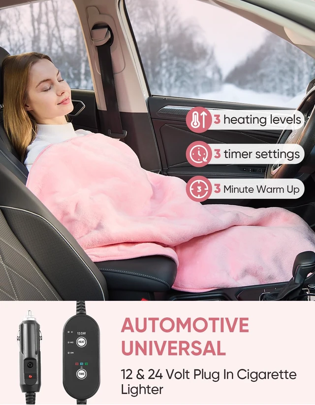 Alt view image 2 of 6 - 12V/24V Heated Car Blanket, Electric Blanket Flannel Heating Throw for Car, SUV, RV, or Camping, 60" x 44", Hi/M/Lo Heating Settings, Auto-Off Timer,Pink