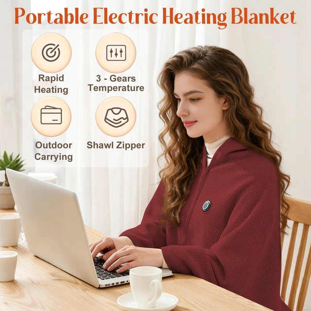 Alt view image 2 of 7 - USB Portable Heated Electric Blanket - Cordless Heated Throw Blanket for Outdoor with 3 Heating Levels-Wearable Shawl for Travel,Camping,Bed-Winter Gifts for Women(Battery Not Included) (Dark Red)