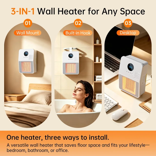 Alt view image 3 of 7 - Wall Heater for Indoor Use, 1500W PTC Ceramic Space Heater, Remote